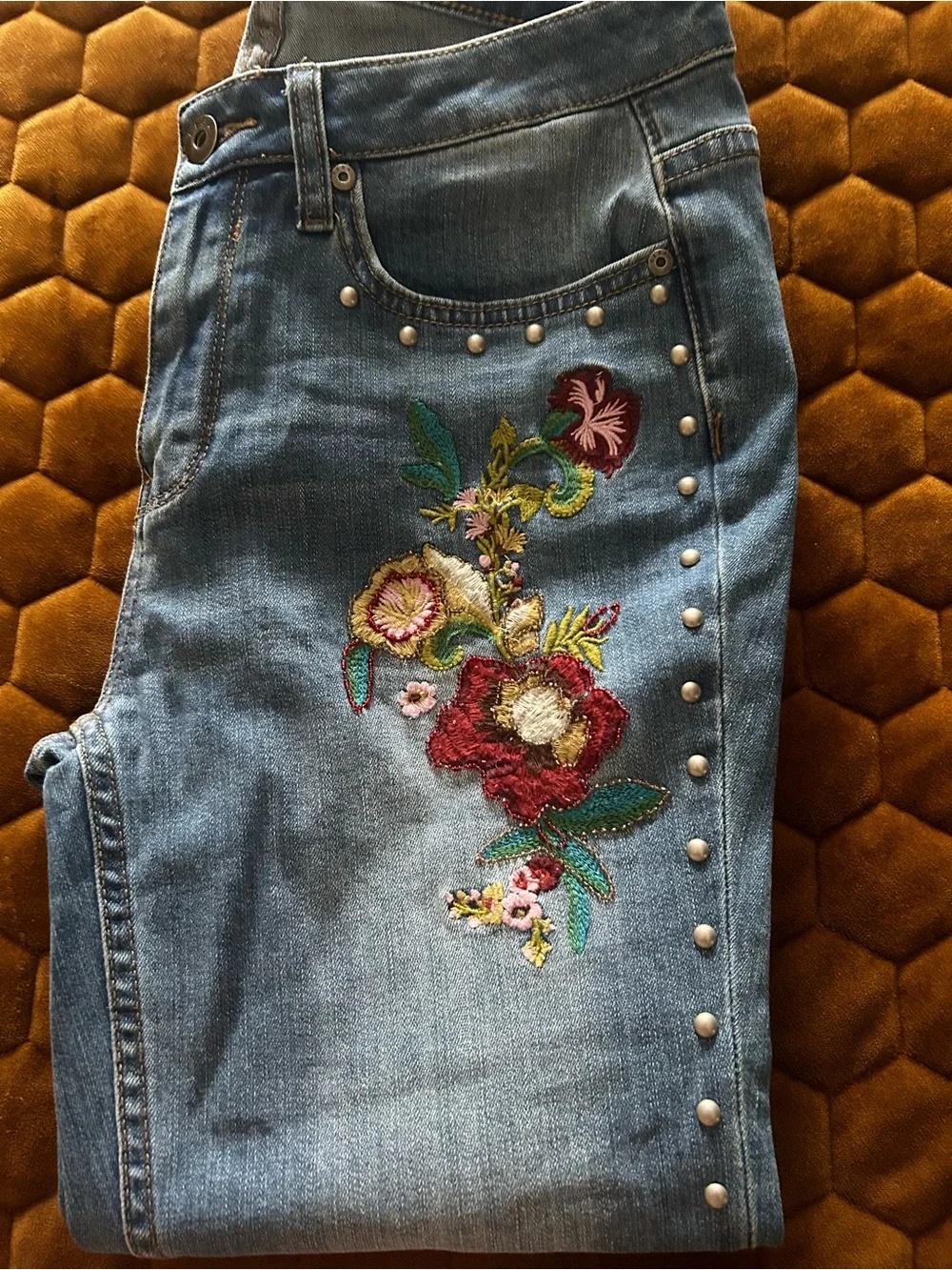 Reba Studded Blue Jeans with Floral Embroidery - Picture 3 of 7
